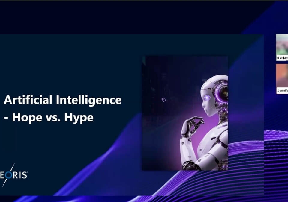 Screenshot from the Theoris webinar titled Artificial Intelligence: Hope vs. Hype, featuring a futuristic AI robot graphic and presenters Benjamin Hall and Jennifer Haughs.