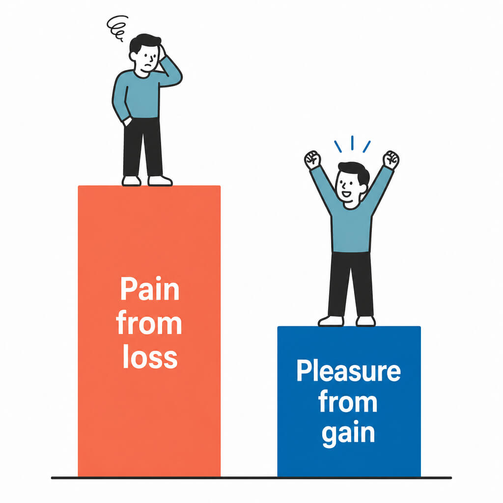 Loss aversion illustration showing pain from loss outweighs pleasure from gain, based on Kahneman and Tversky prospect theory research.